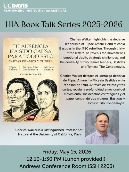 A flyer for a book talk series featuring an event on May 15, 2016, at UC Davis.